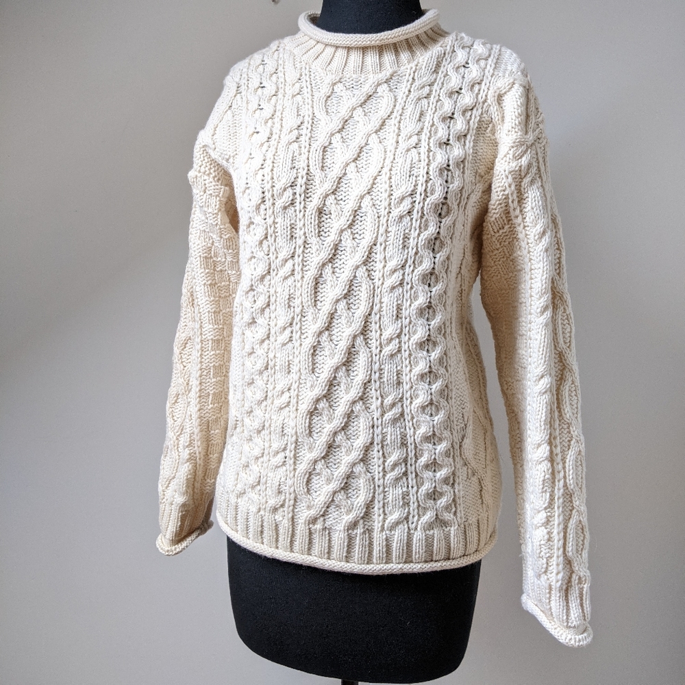 Vintage cable knit ivory wool fisherman sweater roll neck